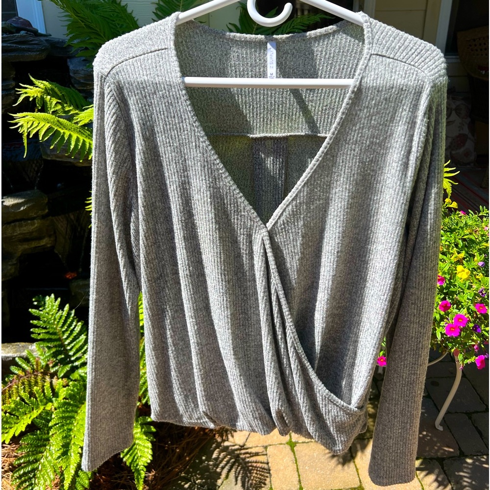 Sweater, gray pullover, wrap front. Size M.